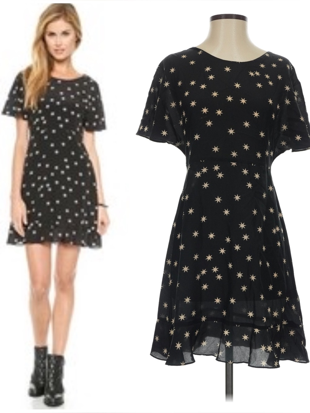 NWOT Pam & Gela Black & White Star Print Washed 100% Silk Flutter Sleeve Dress 6
